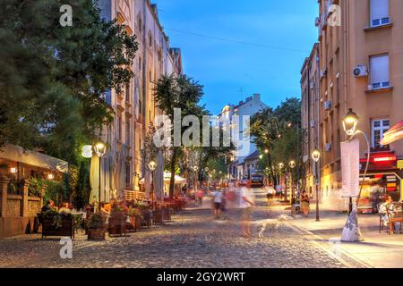 One of the most popular street in Belgrade, Serbia, Skadarlija is also known as the Bohemian quarter of the capital city. Stock Photo