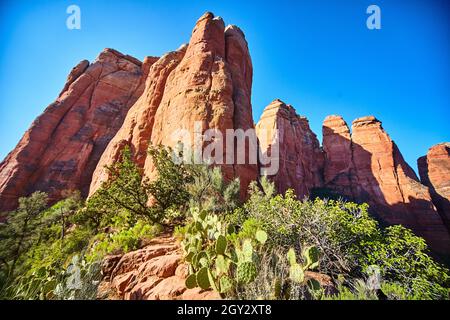 Orange rocks with orange stairs surrounded by scrub leading up to them Stock Photo