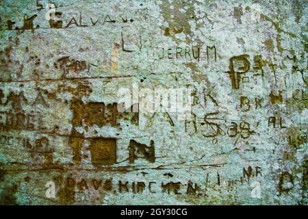 Old lettering obscured by rust and mold background Stock Photo