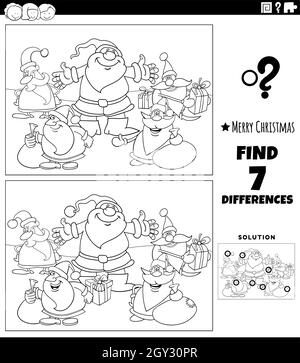 Black and white cartoon illustration of finding differences between pictures educational game for children with Santa Claus characters on Christmas ti Stock Vector