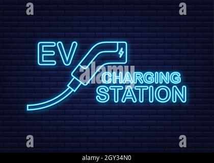 Electric cars charging on empty parking, fast supercharger station and many free charger stalls. Vehicle on electricity network grid.  Stock Vector