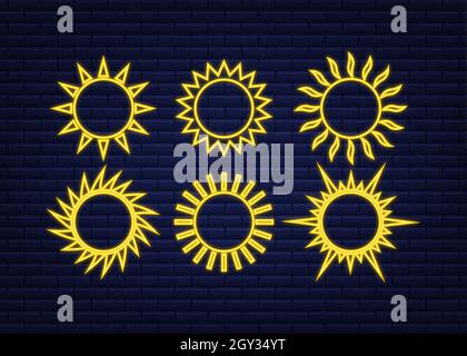Sun icon doodles isolated on blue background. Summes season. Sun neon set. Stock Vector