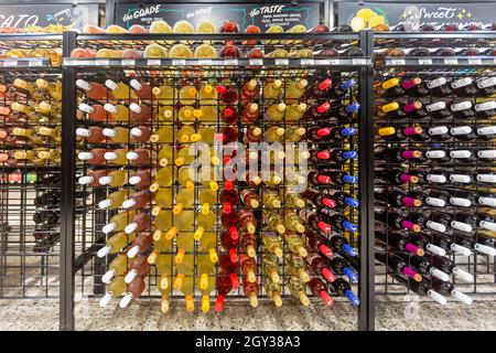 Detroit, Michigan - Bottles of wine at Rivertown Market, a smaller-format supermarket operated by the Meijer chain in downtown Detroit. The store is o Stock Photo