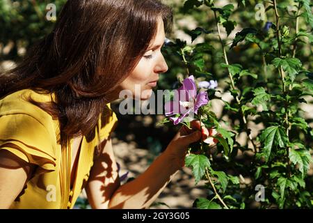 Attractive young Spanish woman smelling fresh purple hibiscus flower in a park Stock Photo