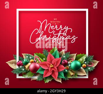 Merry christmas greeting text vector background. Christmas background design with xmas garland ornament elements for holiday season card decoration. Stock Vector