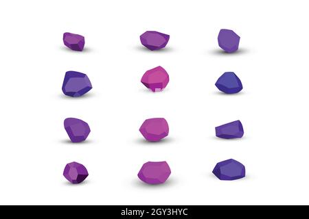 Cartoon purple, violet stones. Rock stone isometric set. Colorful boulders, natural building block shapes, wall stones. 3d flat isolated illustration Stock Vector