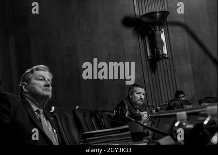 Washington, Vereinigte Staaten. 06th Oct, 2021. United States Senator John Neely Kennedy (Republican of Louisiana), left, listens while United States Senator Ted Cruz (Republican of Texas), right, questions Lucy Haeran Koh during a Senate Committee on the Judiciary hearing for her nomination to be United States Circuit Judge for the Ninth Circuit, in the Dirksen Senate Office Building in Washington, DC, Wednesday, October 6, 2021. Credit: Rod Lamkey/CNP/dpa/Alamy Live News Stock Photo