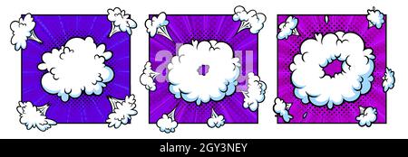Surprising boom cloud in halftone background for sales and promotions. Purple banner template for surprises and bursting events. Vector illustration Stock Vector