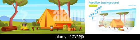 Parallax background camping tent with tourist stuff in forest 2d landscape. Traveler camp at nature view with green trees. Cartoon for animation with separated layers, game scene Vector template Stock Vector