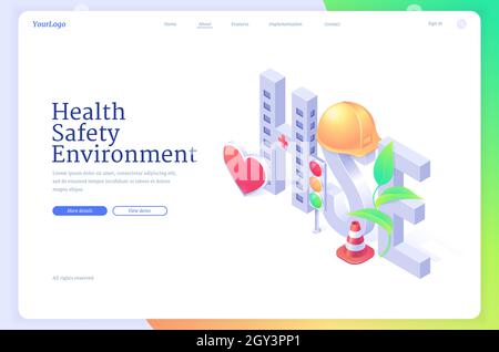 Hse, health safety environment isometric landing page. Working security concept with helmet, heart, cone and sprout. Healthcare environmental protection and safe work conditions, 3d Vector web banner Stock Vector