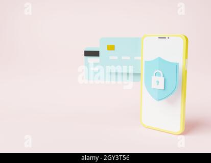 Secure mobile banking with credit card and lock shaped icon on pink background, smartphone security bank transaction money payment online Internet ban Stock Photo