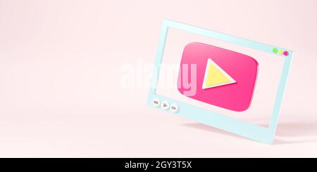 Video media player screen interface for social media template for web or mobile apps on pink background, Play movie video online mock up, 3D rendering Stock Photo