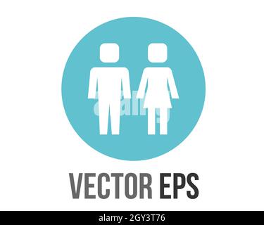 The isolated vector gradient blue restroom circle icon button with iconography of man and woman, to indicate location of public bathrooms, toilets, re Stock Vector