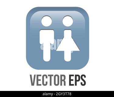 The isolated vector gradient blue restroom round corner square icon button with iconography of man and woman, to indicate location of public bathrooms Stock Vector