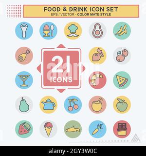 Icon Set Food & Drink - Color Mate Style - Simple illustration, Editable stroke, Design template vector, Good for prints, posters, advertisements, ann Stock Vector