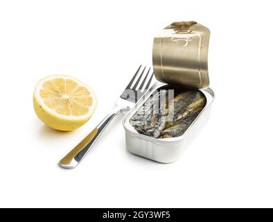 Canned sardines. Sea fish in tin can isolated on white background. Stock Photo
