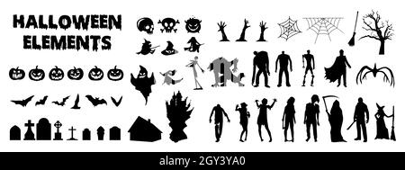 Big Set of halloween silhouettes black icons and characters. Collection of vector illustrations. Isolated elements on white background Stock Vector