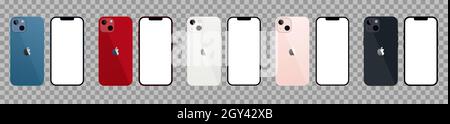 Vinnytsia, Ukraine - October 6, 2021. Set of New iPhone 13 Mini. Mockup iPhone front and back side. Vector Editorial Stock Vector