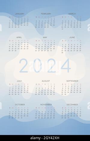 2024 calendar with blue gradient fluid wave shapes. vertical annual template for print and digital. Week starts on Sunday Stock Vector