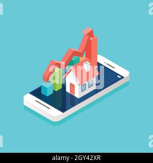 House icon and bar graph on smartphone isometric view. Real estate concept. Vector illustration Stock Vector