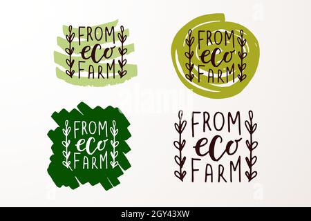 Hand sketched badges and labels with vegetarian, vegan, raw, eco, bio, natural, fresh, gluten and GMO free food diet design. Organic food elements set Stock Vector
