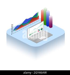 Isometric data analysis concept with graphs and charts. Infographics on a laptop and 3D projection on a table. Colored columns in 3d. Holographic grap Stock Photo