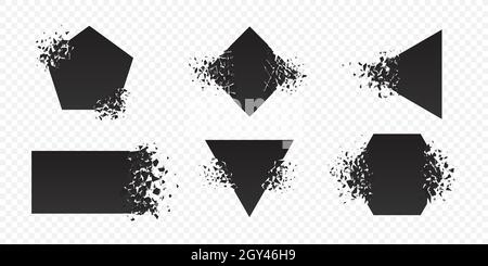 Shape explosion broken and shattered flat style design vector illustration set isolated on transparent background. Rhombus, hexagon, triangle, pentago Stock Vector