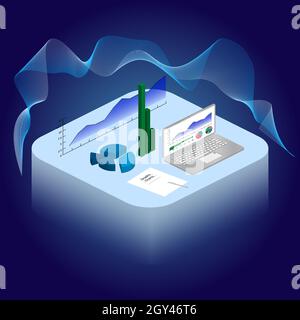 Isometric infographic with charts and graphs on laptop and table. Futuristic 3D projection of graphs for data analysis and revenue growth. Vector EPS Stock Vector