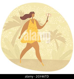Travel blogger recording video on camera. Vlogger speaking to phone camera for his lifestyle vlog. Influencer makes content for his social media Stock Vector