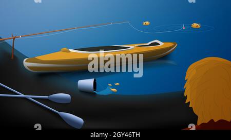 Kayak is standing on the shore. Oars lie on the ground. Near a fishing rod with fishing line and a float in the water. The bucket overturned and the f Stock Vector