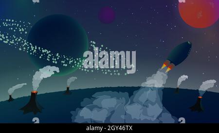 Space landscape with a rocket flying away from the planet with volcanoes. Asteroid belt around the planet. Beautiful smoke from rockets and volcanoes. Stock Vector
