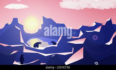 Polygonal mountain landscape with bears by the lake and sunset. Pink sky with a yellow sun. Many layers of mountains for parallax. Vector illustration Stock Vector