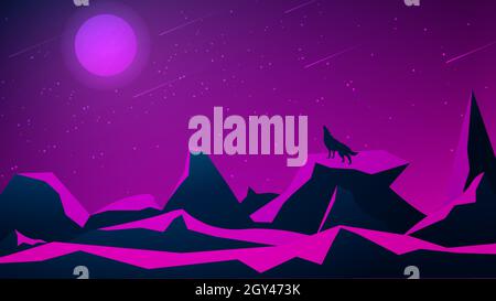Futuristic polygonal night landscape with mountains and a wolf howling at the moon. Purple starry sky with moon and meteor shower. Vector illustration Stock Vector