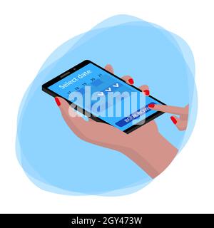 Isometric female hand holds a smartphone with online booking. Finger clicks on the book now button. The concept of booking hotels and tickets Stock Vector