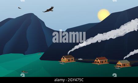Landscape relaxation on a mountain lake with houses and high mountains. Eagles fly in the sky. The sun sets over the mountains. A fisherman in a boat Stock Vector