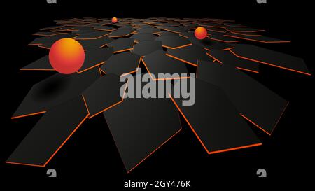 Stylish modern 3D polygonal background with a plane of hexagons and orange balls with shadow. Dark hexagons in the plane and orange edge. Multilayer c Stock Vector