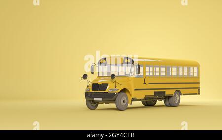 School bus isolated on pastel yellow background, concept of going back to school. Simple isolated school illustration. Trendy 3d render for media Stock Photo