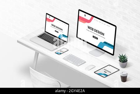 Modern flat design concept page on diferent display devices. Isometric concept of creative design studio. Isometric view of work desk Stock Photo