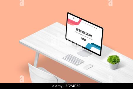 Web design concept page on computer display. Flat designed web page. Isometric view of work desk Stock Photo