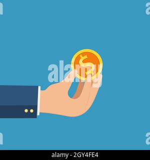 Business hand holding gold coin and Pound icon vector, business concept. Stock Vector