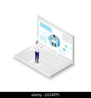 Video conference internet meeting and live video chat isometric on laptop. Business video call and online communication for remote education, webinar Stock Vector