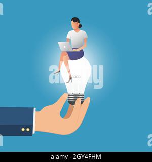 Business hand holding lightbulb concept. Business women working on the lightbulb. business concept. Stock Vector