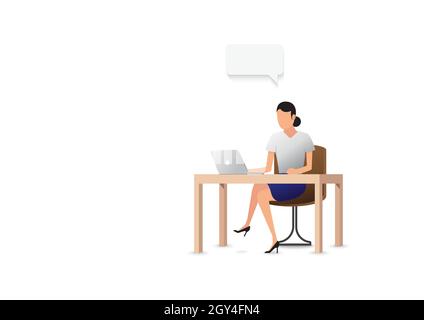 Business woman looking at laptop in the office. people character vector design. customer service support.  looking at computer in the office. Stock Vector