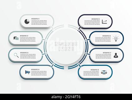 Vector infographic template with 3D paper label, integrated circles. Business concept with 8 options. For content, diagram, flowchart, steps, parts. Stock Vector