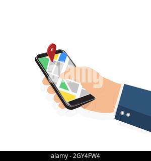 Male hand holding phone with map and pointer. Mobile gps navigation and tracking concept. Flat vector illustration for web sites, banners. Location. Stock Vector
