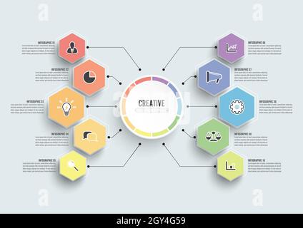 Vector infographic template with 3D paper label, integrated circles. Business concept with 10 options. For content, diagram, flowchart, steps, parts. Stock Vector
