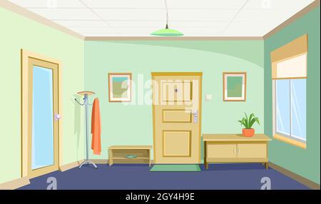 Hallway home. Cozy room in a residential building. Door and window. Furniture in the interior. The walls are painted or covered with light green Stock Vector