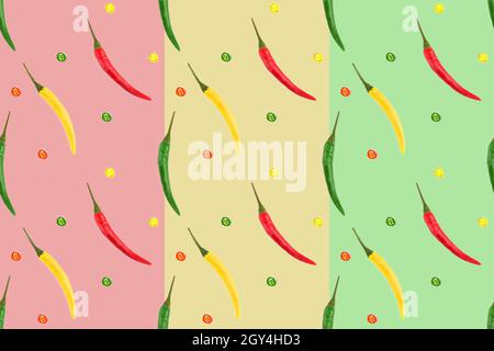 Seamless spice pattern with red, green, yellow chili pepper pods, slices of cut on pink, yellow, green background. Healthy eating concept Stock Photo