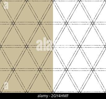 Grunge hand painted lines, triangle grid seamless pattern. Vector. Ink brush textured stripes. Gold beige or white color background Stock Vector