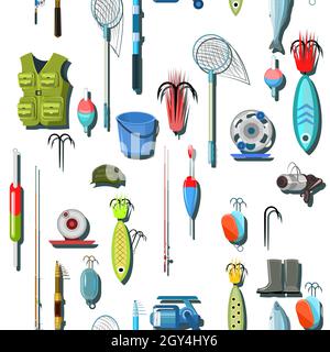 Goods for fishing. Equipment and accessories for recreation and hunting on reservoirs. Sale of fishing rods and clothing. Seamless pattern Stock Vector